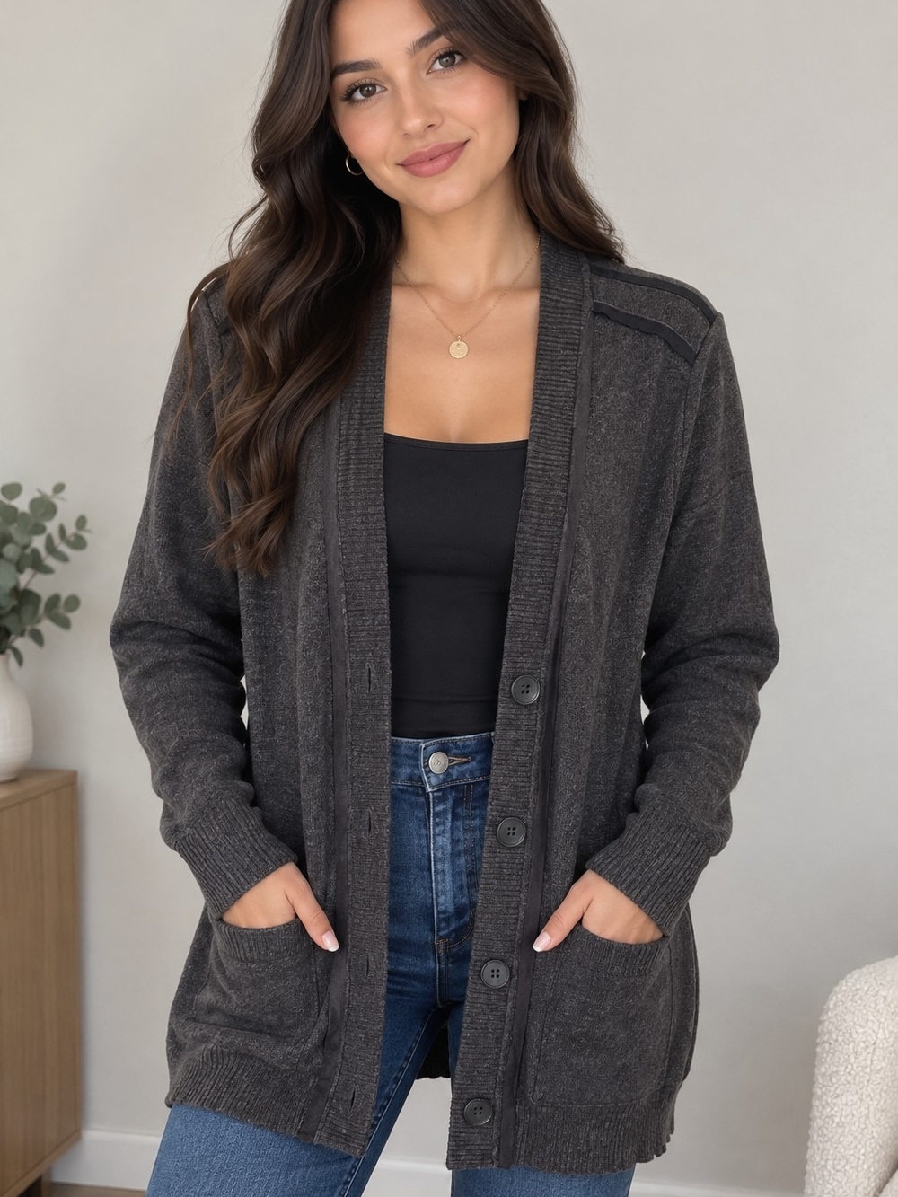 New York & Company Dark Charcoal Button-Front Cardigan